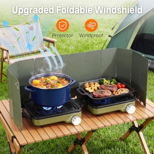 2-Burner Portable Propane Camping Stove with Windshield,Foldable Gas Stove