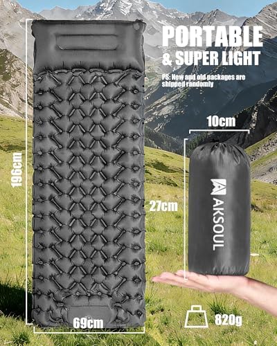 AKSOUL Camping Sleeping Pad Inflatable: Self-Inflating Compact Ultralight Air Mattress Lightweight Pad for Camping Hiking Backpacking Gray
