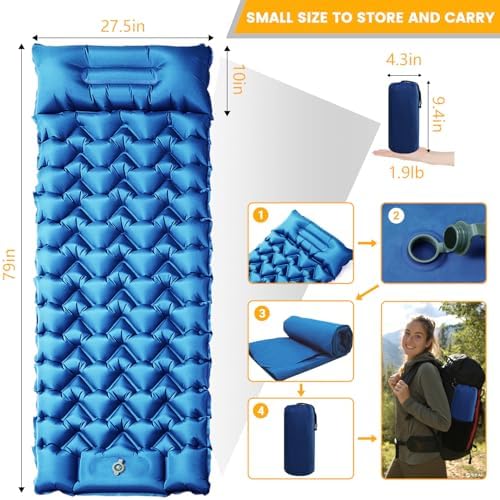Sleeping Pad, Compact Sleeping Pad for Camping with Pillow Built-in Foot Pump, Inflatable Sleeping Mat for Travel Backpacking Hiking Sleeping Bag Tent, Outdoor Adventure Camp Gear | Inflatable Sleeping Mat for Travel, Backpacking, Hiking, Sleeping Bag,...