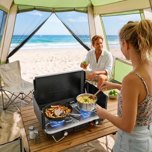 ROVSUN 2 Burner Portable Camping Stove with Igniter, 20000 BTU Propane Camp Stove with Adapter, Built-in Handle & Foldable Wind Panel for Outdoor Camping, Tailgating, Grilling