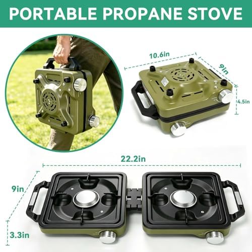 2 Burner Portable Camp Stove, 24000 BTU Propane Camping Stove with Windshield, Folding Gas Stove with Carry Bag, Compact Camping Essentials Gear for BBQ, Picnic, Outdoor Cooking, Grilling, Green