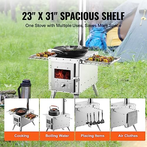 VEVOR Camping Wood Stove Stainless Steel Camping Tent Stove, Portable Wood Burning Stove with Chimney Pipes & Gloves, 1646in³Firebox Hot Tent Stove for Outdoor Cooking and Heating with 8 Pipes
