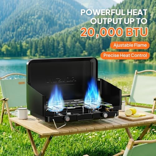 ROVSUN 2 Burner Portable Camping Stove with Adapter, 20000 BTU Tabletop Propane Camp Stove with Built-in Handle & Foldable Wind Panel for Outdoor Camping, Tailgating, Grilling