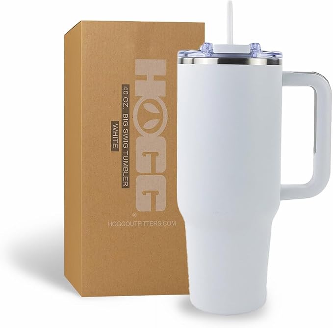 Hogg Big Swig 40 oz Tumbler with Handle and Straw - White, 40oz Insulated Stainless Steel, Water Tumbler with Straw, Water Cup with Handle, Versatile Leak Proof Lid