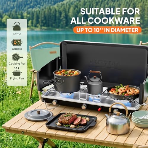 ROVSUN 3 Burner Portable Camping Stove with Igniter, 30000 BTU Propane Camp Stove with Adapter, Built-in Handle & Foldable Wind Panel for Outdoor Camping, Tailgating, Grilling
