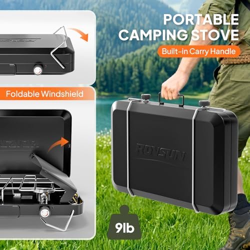 ROVSUN 2 Burner Portable Camping Stove with Adapter, 20000 BTU Tabletop Propane Camp Stove with Built-in Handle & Foldable Wind Panel for Outdoor Camping, Tailgating, Grilling