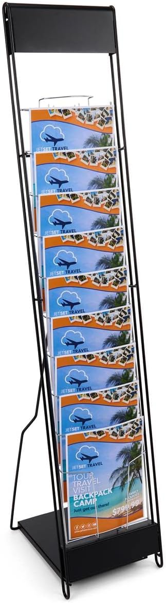 Portable Magazine Rack with 10 Pockets for 8.5x11 Catalogs, Carry Bag Included, 54"h Floor-Standing Literature Display with Tiered Design, Steel (Black)