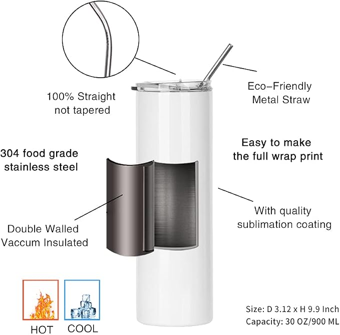 PYD Life Sublimation Blanks Tumbler Skinny 30 OZ Straight Stainless Steel Coffee Cups Mugs with Lid and Metal Straw for Tumbler Press Machine Heat Transfer 4 Pack