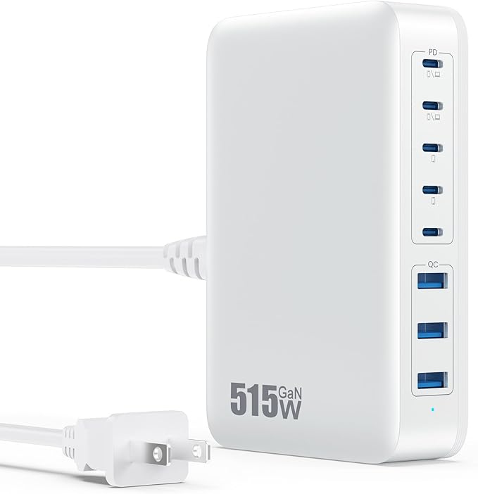 USB C Charger Block 515W GaN IV 8 Port Fast Charging Station Hub, Dual PD 100W