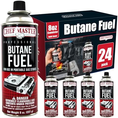 Chef Master Butane Fuel Canister, Camp Stove & Torch Refill, 8 oz, 24-Pack