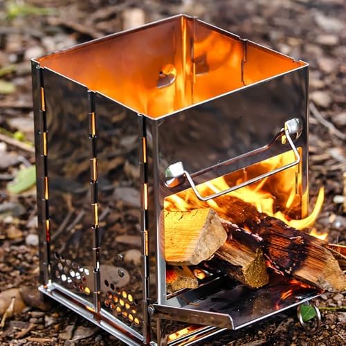 REDCAMP Wood Burning Folding Camp Stove Stainless Steel Grid, Portable Collapsible Backpacking Stove Survival Rocket Stove for Hiking Outdoor Tent Camping Picnic BBQ, Samll