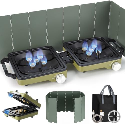 2-Burner Portable Propane Camping Stove with Windshield,Foldable Gas Stove