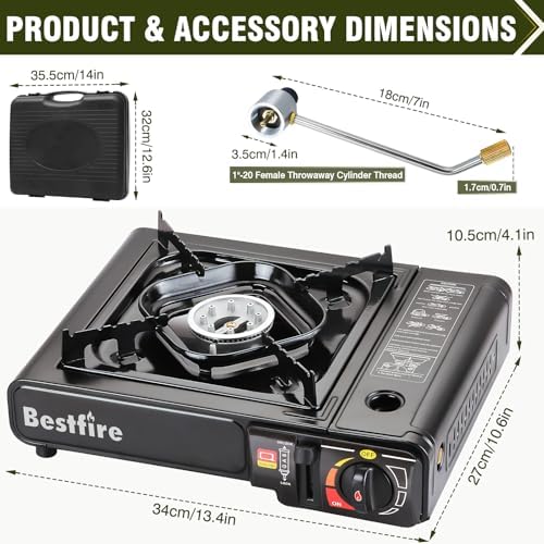 BESTFIRE Portable Camping Stove - 10 000 BTU Dual Fuel Propane and Butane with Adapter & Carrying Case Single Burner Gas for Outdoor Cooking Gear Essentials Tailgating Survival Kit