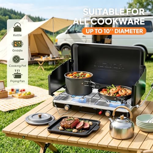 ROVSUN 20000 BTU Propane Camping Stove with Igniter, 2 Burner Portable Camp Stove with Adapter, Built-in Handle & Foldable Wind Panel for Outdoor Camping, Tailgating, Grilling