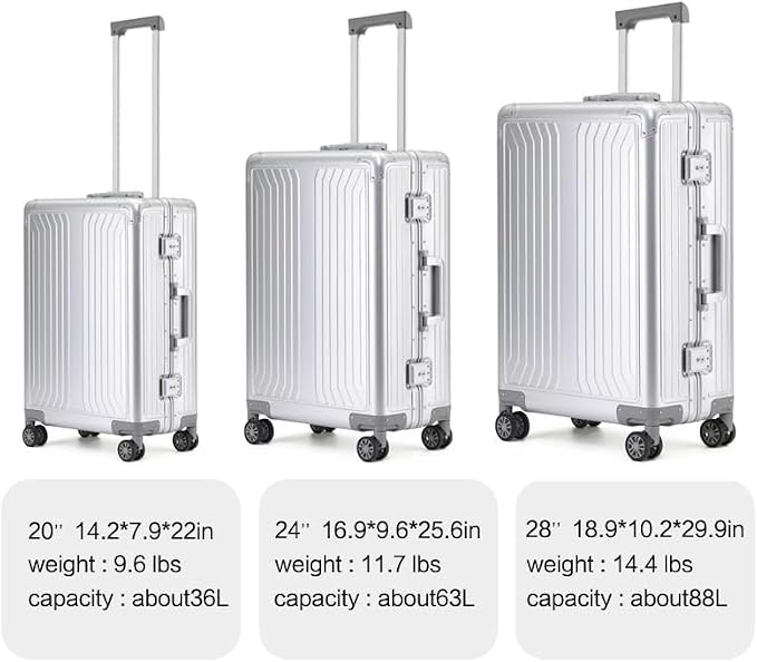 Metal all aluminum carry-on suitcase 20 "hard face, TSA lock and rotating wheel