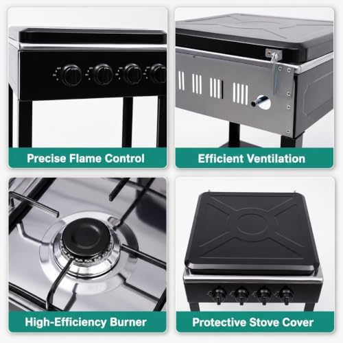 4 Burner Gas Stove Portable Outdoor Stove with Removable Storage Stand, Heavy Duty Stainless Steel Propane Gas Cooker with Wind Blocking Cover for Camping Picnic Home RV Cooking (no hose)