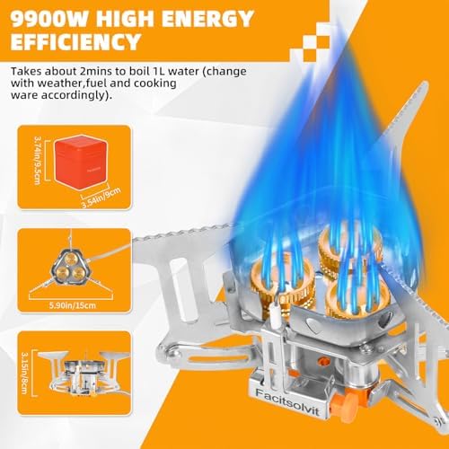 9900W Windproof Camping Gas Stove, Portable Camping Stove with Piezo Ignition, 1LB Propane Tank Adapter, Butane Adapter for Outdoor Cooking, Picnic, Camping and Hiking