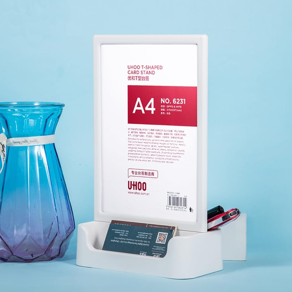 ABS Plastic Sign Holder, Menu Displays T Shape Sign Stand with Business Card Holder, Plastic Display Stand for Ads, Menu, Photos, Business Card (Black A4 210×297mm/8.27×11.69 inches)