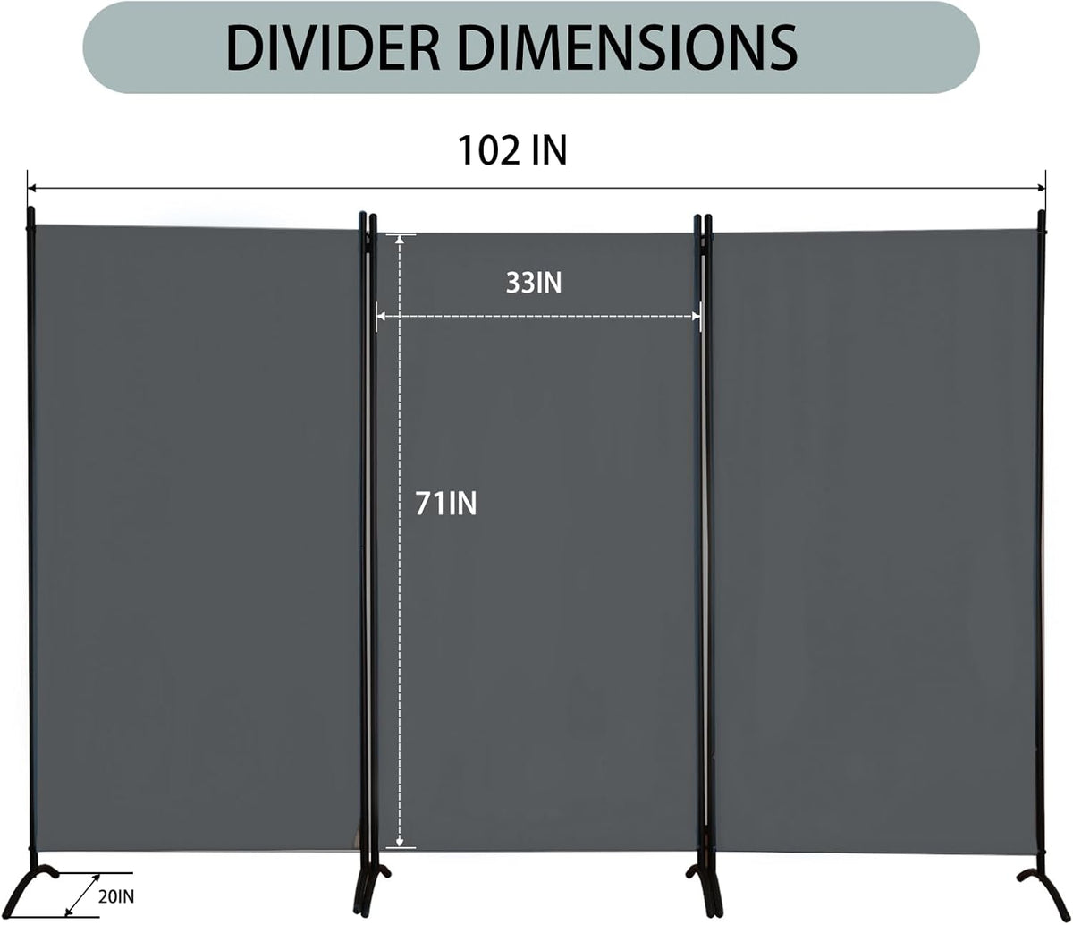 Room Divider 3-Panel Privacy Screen, Portable Screen Steel Frame with Hook&Loop for Home, Office, Classroom, Studio, Meeting (Grey