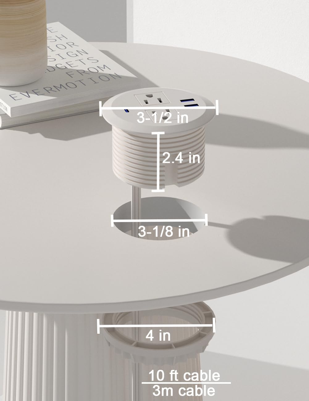 2PCS 3 Inch Desktop Power Grommet,10ft Cord,20W USB C Fast Charging Station,3-USB Port,Flush Mount.Round Recessed Power Strip Desk Hole Grommet Outlet for Workspace,Sofa,White