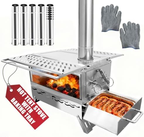 Camping Wood Burning Stove, Hot Tent Stove with Extra Baking Tray, Outdoor Stainless Steel Stove with 6 Chimney Pipes for Outdoor Camping, Cooking