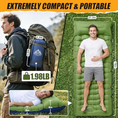 FUN PAC Camping Sleeping Pad,Ultralight Camping Mattress with Pillow, Built-in Foot Pump Inflatable Sleeping Pad Compact for Camping,Backpacking, Hiking,Traveling