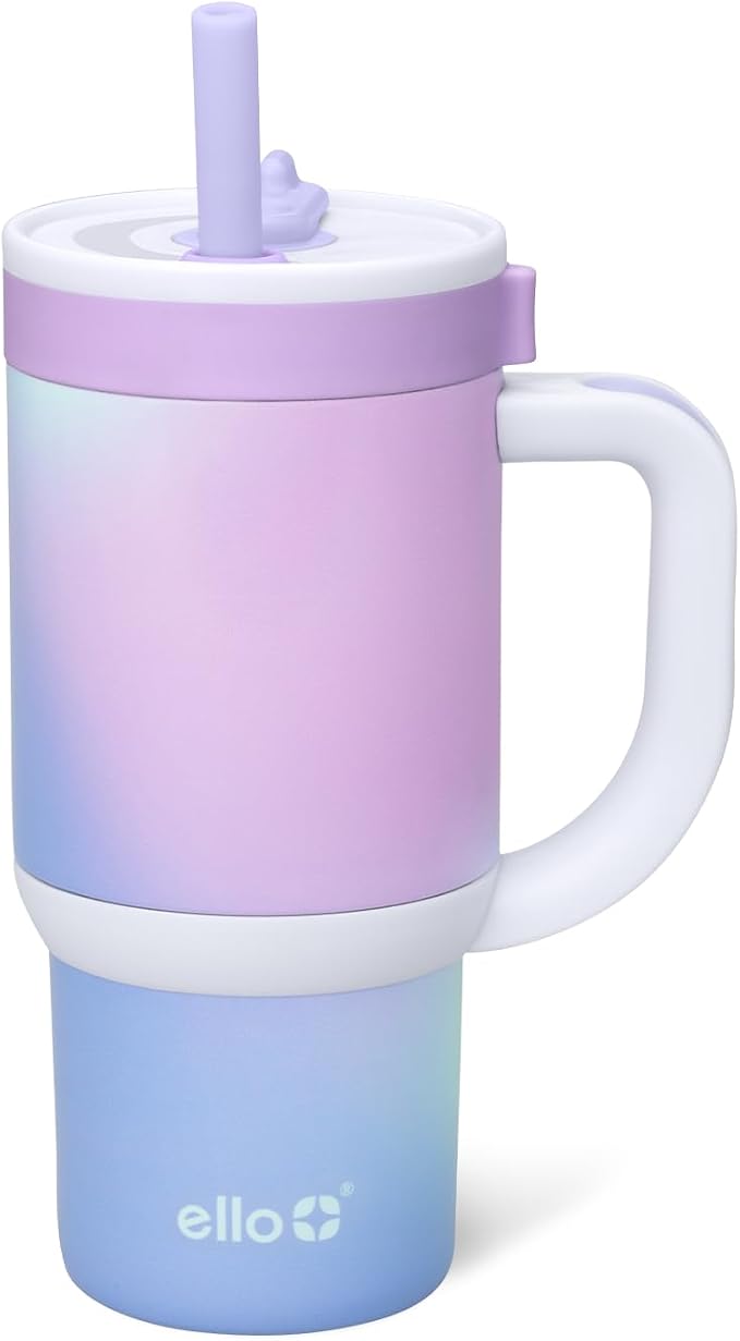 Ello Oasis 14oz Stainless Steel Toddler Tumbler with Handle & Retracting Straw, 100% Leakproof, Double-Wall Vacuum Insulated, Kids Water Bottle for School, BPA Free, Dishwasher Safe, Purple Swirl