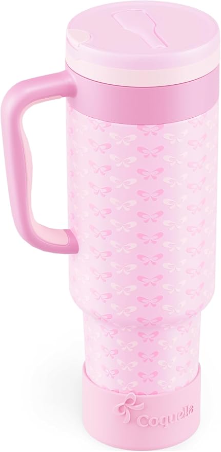 40 oz Insulated Tumbler with Handle and Push-Button Straw Lid, Stainless Steel Travel Cup for Gym Office, Leakproof, BPA-Free, Cup Holder Friendly, Bow Silicone Boot, Pink (Coquette Candy)