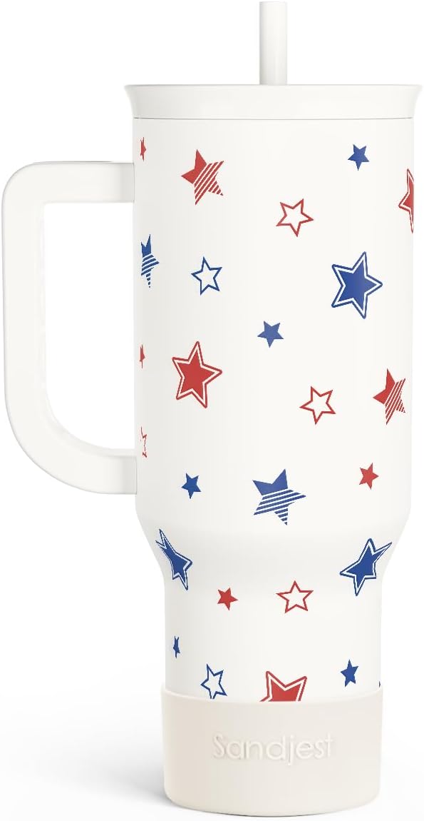 SANDJEST American Flag 40oz Tumbler with Handle and Straw, Insulated Stainless Steel Travel Coffee Mug for Women Girls, Gift Idea for Birthday Christmas 4th of July (Star)