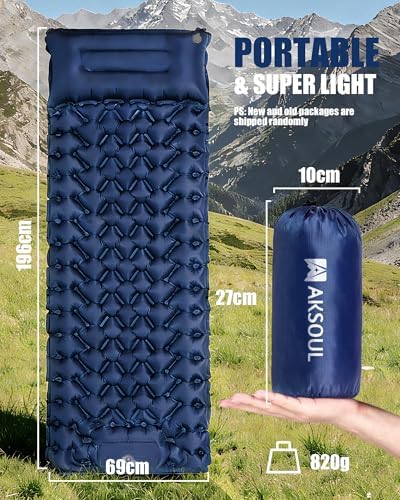 AKSOUL Sleeping Pad for Camping Mat: Self-Inflating Ultralight & Compact Air Mattress Lightweight Inflatable Pad for Camping Hiking Backpacking Blue