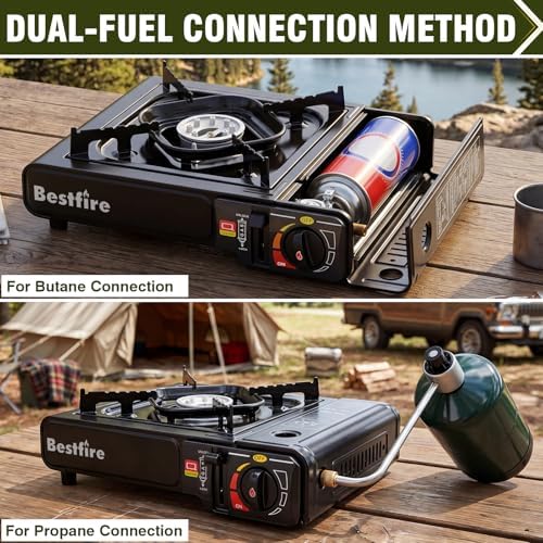 BESTFIRE Portable Camping Stove - 10 000 BTU Dual Fuel Propane and Butane with Adapter & Carrying Case Single Burner Gas for Outdoor Cooking Gear Essentials Tailgating Survival Kit