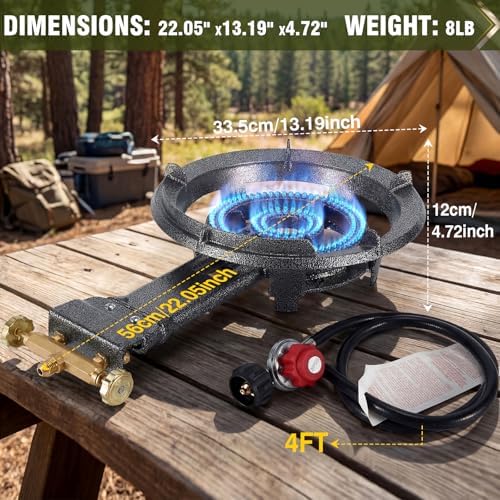 Bestfire 13" Single Propane Burner Stove, 90,000 BTU Cast Iron Portable Outdoor Burner, 0-20 PSI Adjustable Regulator & 4ft Hose, Ideal for Outdoor Wok Cooking