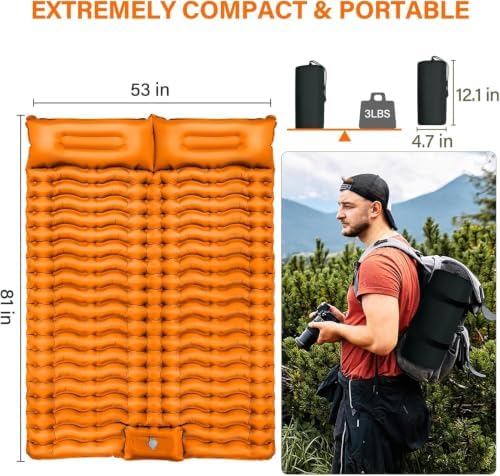 Yuzonc Double Sleeping Pad for Camping, 4" Extra Thick Self-Inflating Air Mattress - 2 Person Inflatable Camping Mat with Built-in Foot Pump & Pillow, Backpacking Hiking Tent Travel-Orange