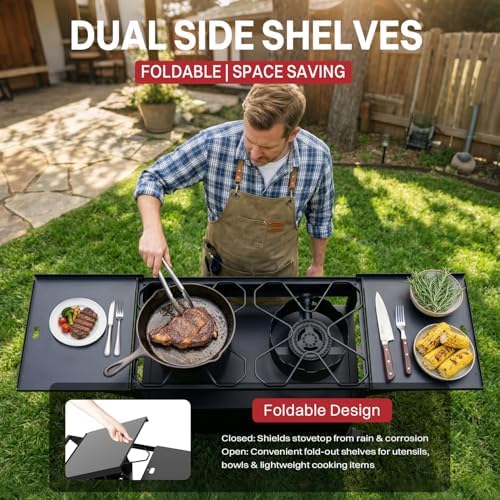 2 Burner Propane Camping Stove Outdoor|150000 BTU|Side Shelf with Cabinet