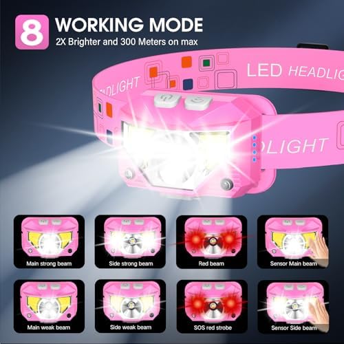 LHKNL Headlamp Flashlight, Lumen Bright Head Lamps LED Rechargeable-Pink