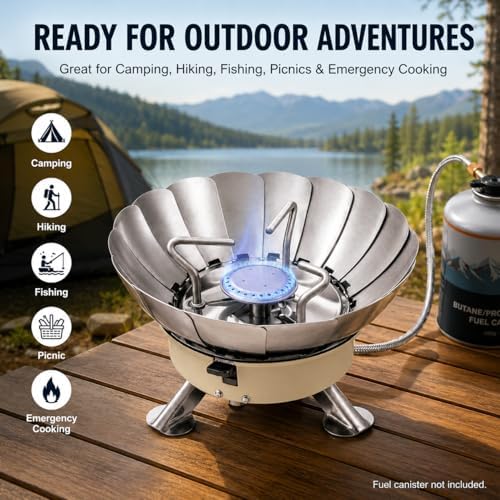 Butane Camping Stove, Portable Windproof Camping Gas Stove with Built-in Windshield, Piezo Ignition, Propane Canister Adapter, Foldable Burner for Backpacking Hiking Outdoor Cooking