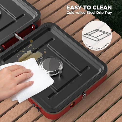 CAMPLUX FoldGo 2 Burner Portable Camping Stove 17,200 BTU, Foldable Propane Stove for Outdoor Cooking with Carry Bag, Portable Gas Stove with 2 Adjustable Burners, Red