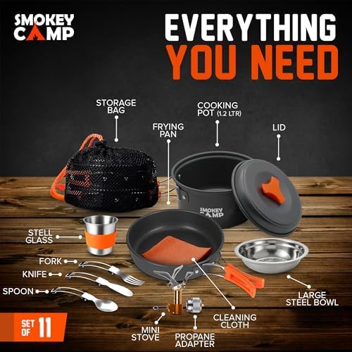 Smokey Camp Camping Cookware Mess Kit Set with Stove - Backpacking Camping Pots and Pans Set, All in One Non-Stick Camping Cooking Set, Portable Stove, Hiking, Picnic, Outdoor & Camping Cookware Set