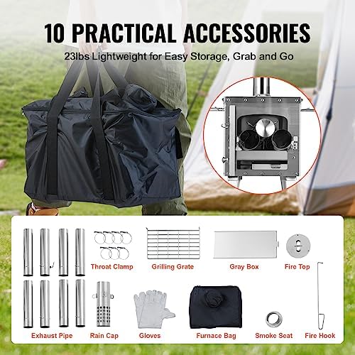 VEVOR Camping Wood Stove Stainless Steel Camping Tent Stove, Portable Wood Burning Stove with Chimney Pipes & Gloves, 1646in³Firebox Hot Tent Stove for Outdoor Cooking and Heating with 8 Pipes