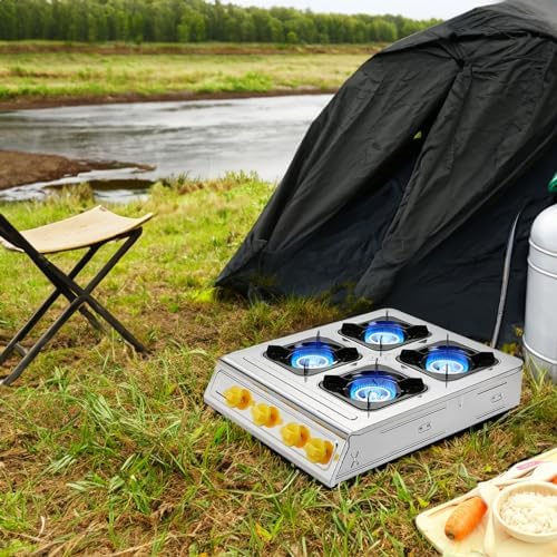 Vivicreate 4 Burner Propane Gas Stove 40000 BTU Stainless Steel Cooktop with Enamel Pan Support Electronic Ignition for Camping Outdoor Cooking BBQ Fogón de Estufa de Gas Portátil