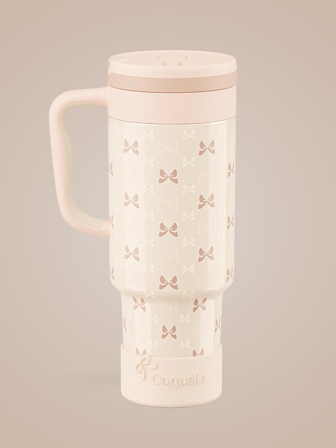 40 oz Insulated Tumbler with Handle and Push-Button Straw Lid, Stainless Steel Travel Cup for Gym Office, Leakproof, BPA-Free, Cup Holder Friendly, Bow Silicone Boot, Cream (Bow Cream)