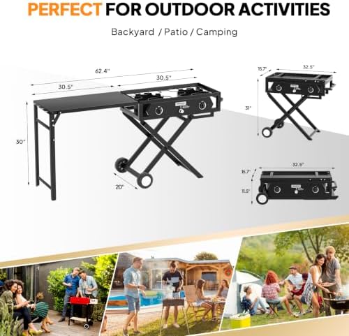 ROVSUN 2 Burner Foldable Gas Stove with Side Table, 150,000 BTU Portable Propane Stove with Ignition & Regulator for Camping Home Backyard Cooking Brewing Canning Turkey Frying