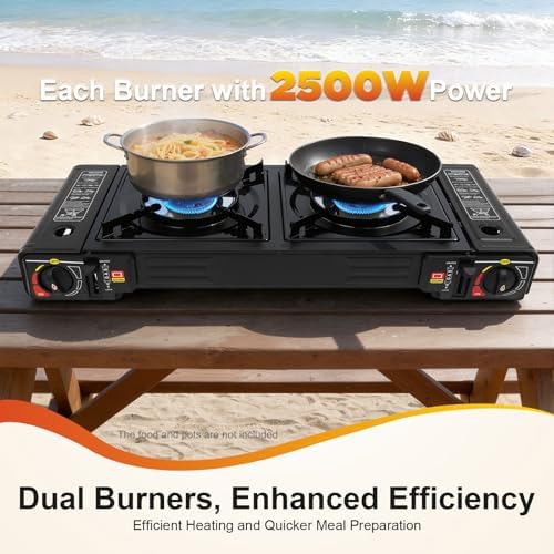 2-Burner Portable Camping Stove, Butane Camping Stove with Non-sticking Grill Tray, Outdoor Travel Camp Stove for Camping, BBQ, Home
