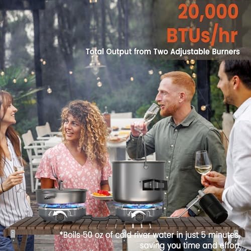 Cofiyard 20,000 BTUs 2 Burner Propane Camping Stove, Portable Folding Camp Stove with Adjustable Burners, Built-in Ignition and Carrying Bag, Dual Gas Stoves for Tailgating, Camping, BBQ Overland Grey