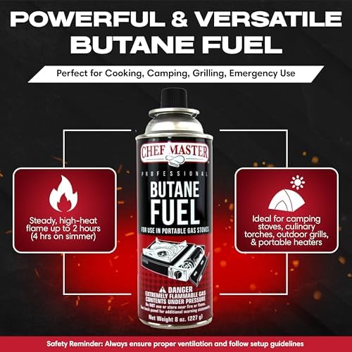 Chef Master Butane Fuel Canister, Camp Stove & Torch Refill, 8 oz, 24-Pack