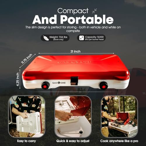 GasOne Portable Camping Stove – Double Propane Stove with Auto Twist Turn Ignition – 22,000 BTU Camping Cooktop with 2 Burners and Wind Guard – Ideal for Tailgating, Fishing, Travel, Red
