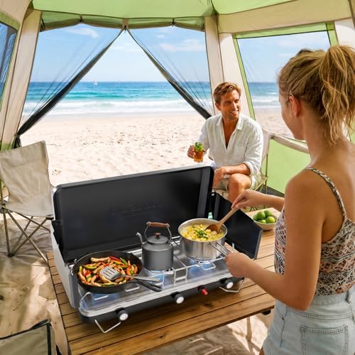 ROVSUN 3 Burner Portable Camping Stove with Igniter, 30000 BTU Propane Camp Stove with Adapter, Built-in Handle & Foldable Wind Panel for Outdoor Camping, Tailgating, Grilling