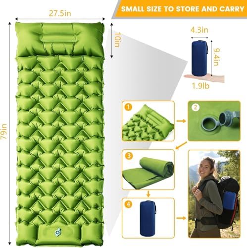 2 Pack 4-Inch Ultralight Camping Sleeping Pads with Foot Pump