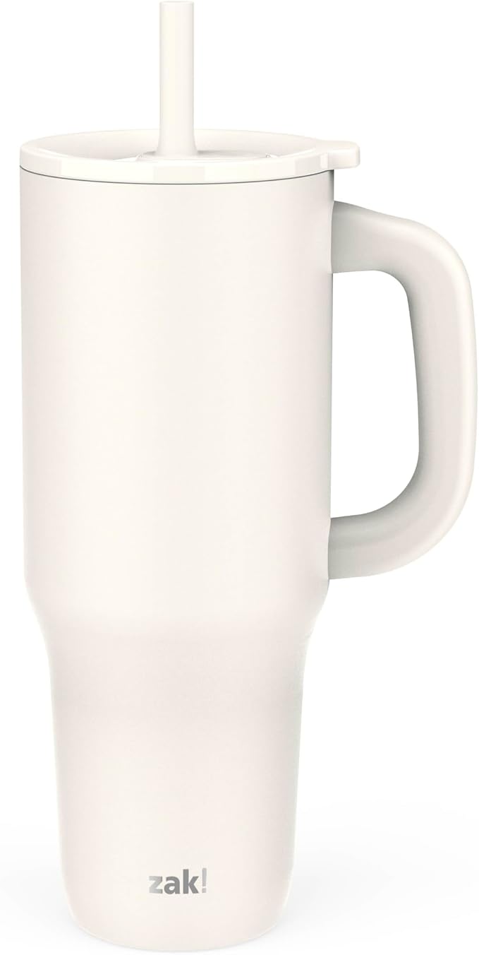 Zak Designs Sutton Travel Tumbler for On the Go, 40oz Stainless Steel with Vacuum Insulation, Silicone Straw, and Carry Handle for Cold Drinks (Cream White)