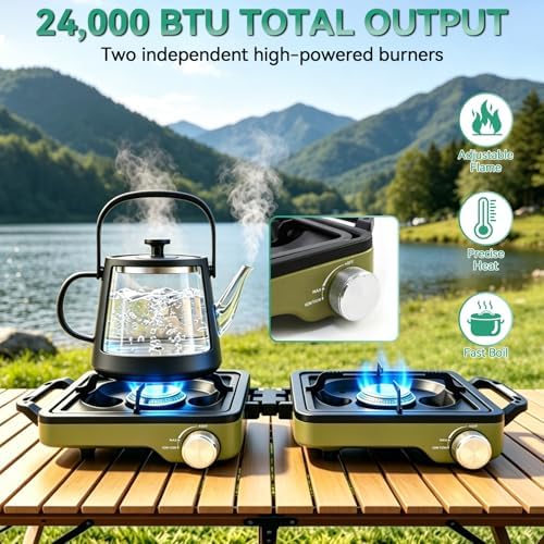 2 Burner Portable Camp Stove, 24000 BTU Propane Camping Stove with Windshield, Folding Gas Stove with Carry Bag, Compact Camping Essentials Gear for BBQ, Picnic, Outdoor Cooking, Grilling, Green
